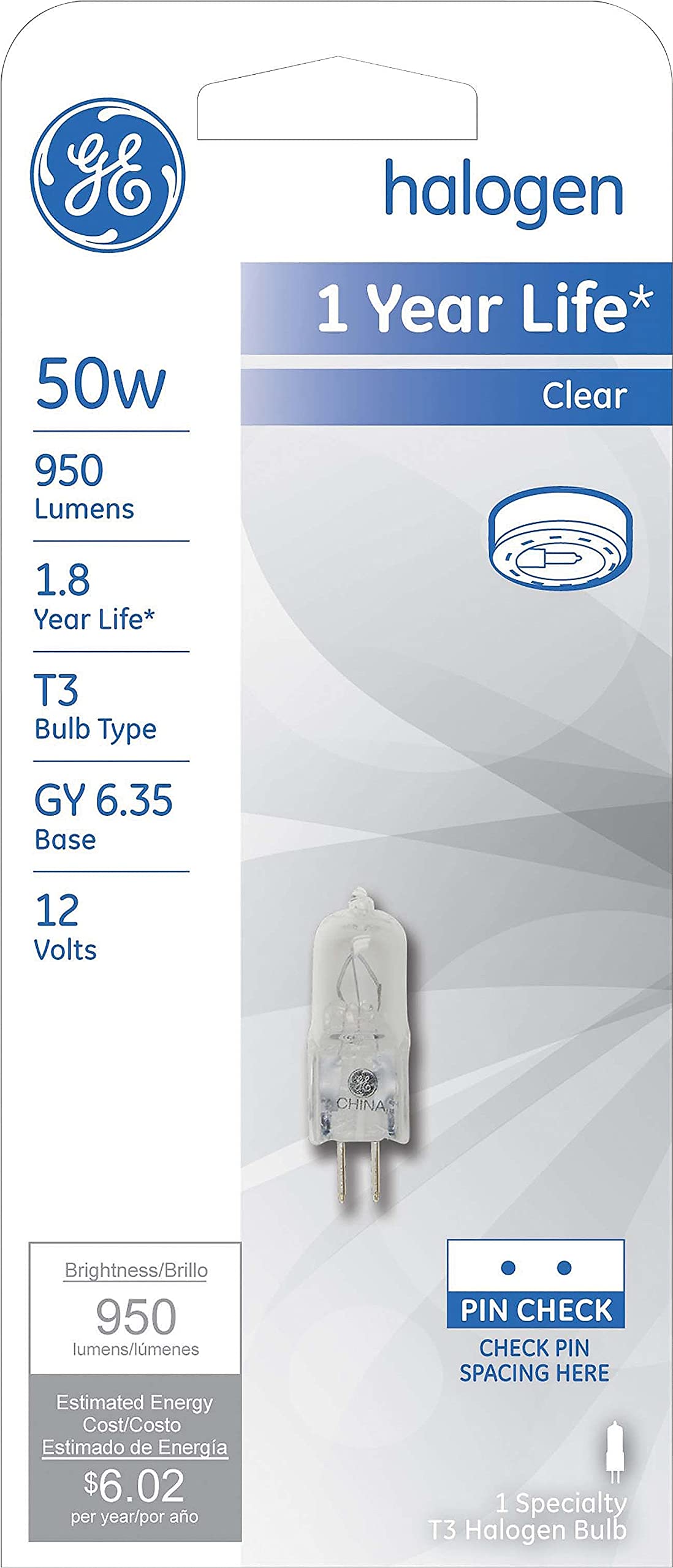 General Electric Halogen Light Bulb, T3 Light Bulb, 50-Watt, 950 Lumen, 2-Pin GY6.35 Bulb Base, Clear, 1-Pack Halogen Light Bulbs