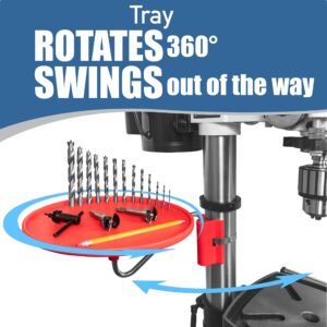 Peachtree Woodworking Supply Drill Press Tool Tray with 11 inch Diameter 360 Degree Rotating Tray • Steel Swing Arm • Mounting Bracket and 4 inch Steel Band Clamp