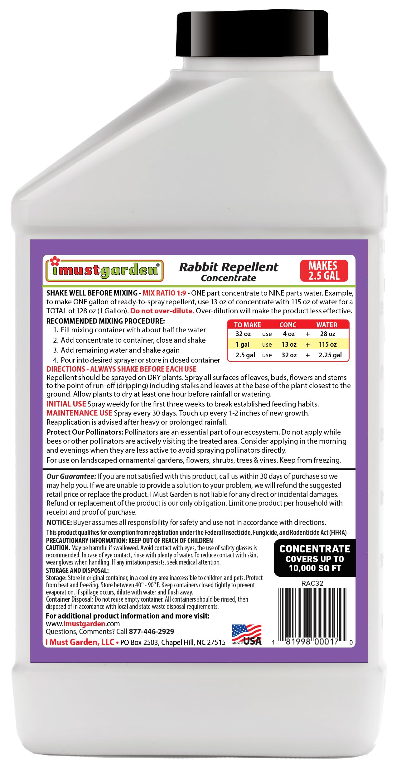 I Must Garden Rabbit Repellent 32oz Concentrate: Mint Scent Rabbit Spray for Gardens, Plants, and Lawns – Natural and Safe - Makes 2.5 Gallons