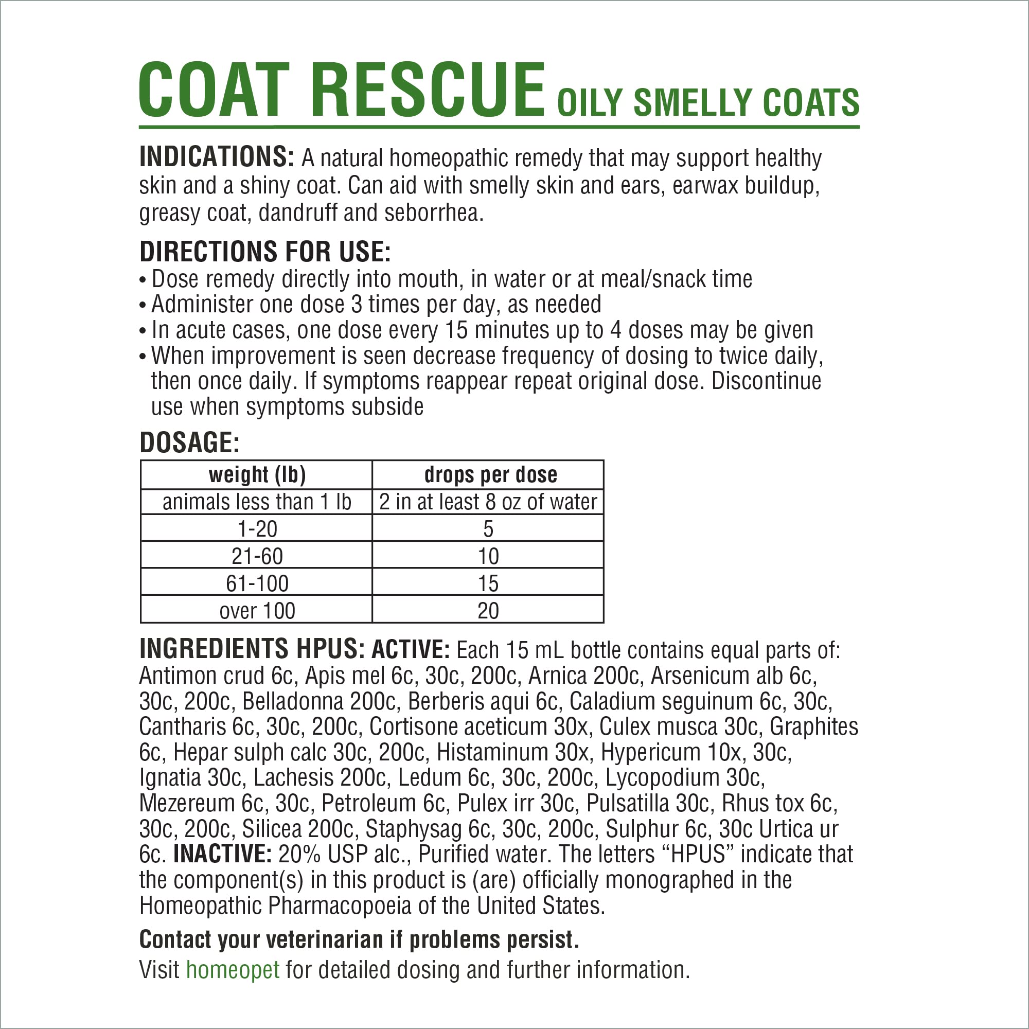 HomeoPet Coat Rescue, Skin and Coat Support for Pets, 15 Milliliters