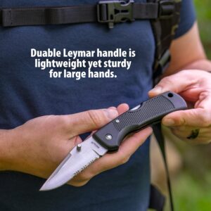 Maxam Extra Heavy-Duty Lockback Knife w/Leymar Handle - Fixed Blade Pocket Knife for Men, Hunting, Tactical & Survival, Includes Sheath