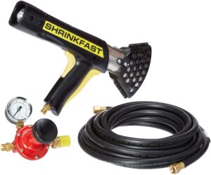 shrinkfast 998 heat gun, 200000 btu propane heat gun, ready to use with 25' hose, regulator, hard case, and wrench made in the usa