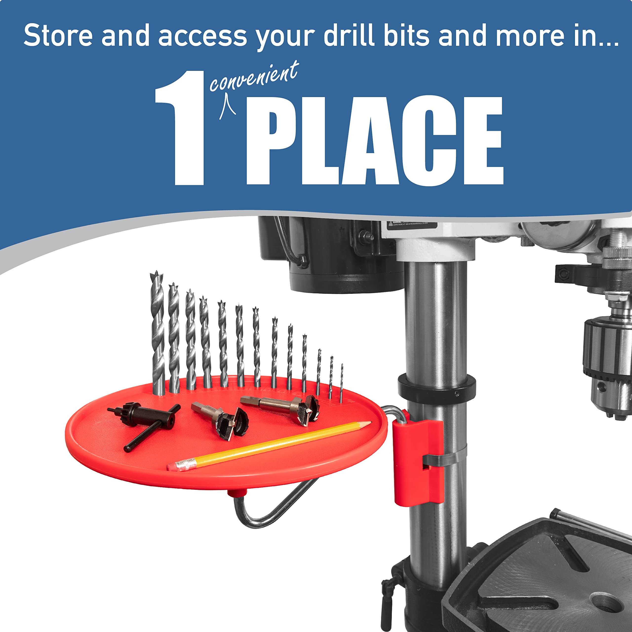 Peachtree Woodworking Supply Drill Press Tool Tray with 11 inch Diameter 360 Degree Rotating Tray • Steel Swing Arm • Mounting Bracket and 4 inch Steel Band Clamp