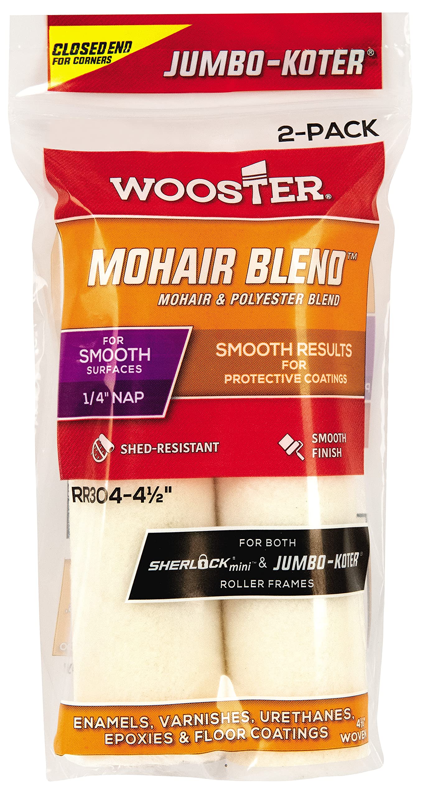 Wooster Brush RR304-4-1/2 Jumbo-Koter Mohair Blend Roller 1/4-Inch Nap, 2 Pack, 4-1/2-Inch