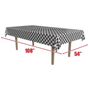 Beistle Checkered Tablecover, 54” x 108” – Plastic Table Cloth, Black & White Table Cloth, Race Car Themed Decorations, 50’s Party Decorations, Party Supplies, Rectangular Table Cloth