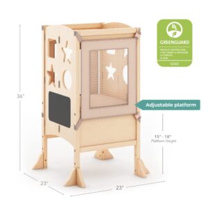 Guidecraft Classic Kitchen Helper® Toddler Tower and 2 Keepers - Natural: Folding Wooden Adjustable Height Platform, Kitchen Montessori Learning Step Stool, Chalkboard, Supports Up to 125lbs