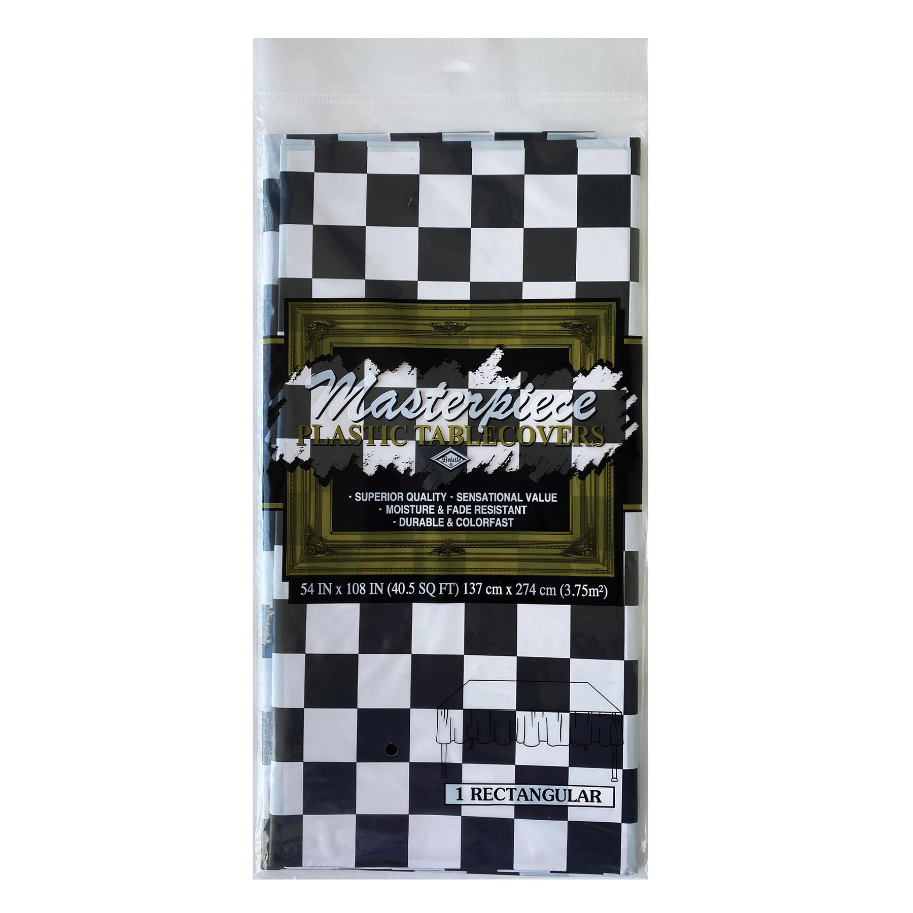 Beistle Checkered Tablecover, 54” x 108” – Plastic Table Cloth, Black & White Table Cloth, Race Car Themed Decorations, 50’s Party Decorations, Party Supplies, Rectangular Table Cloth