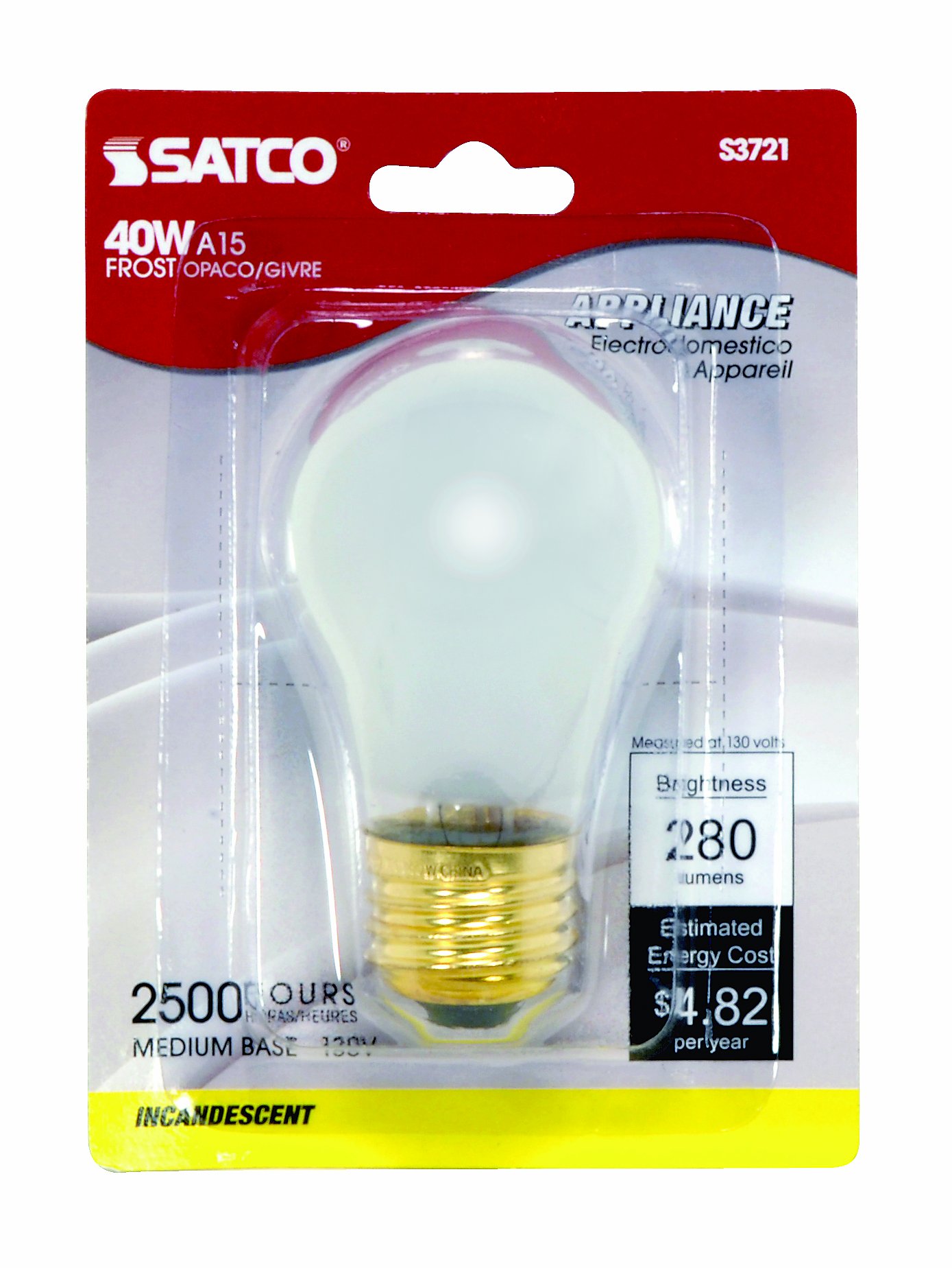 Satco S3721 130V Medium Base 40-Watt A15 Light Bulb, Frosted