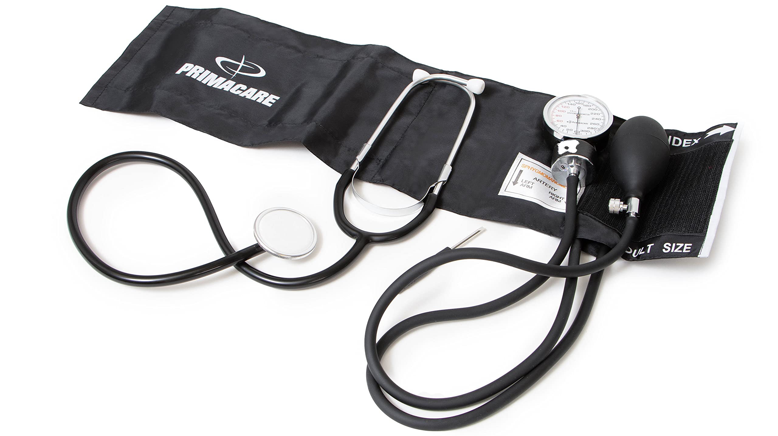 PrimaCare Medical DS-9197-BK Professional Classic Series Manual Adult Size Blood Pressure Kit, Emergency Bp kit with Stethoscope and Portable Leatherette Case, Nylon Cuff, Black