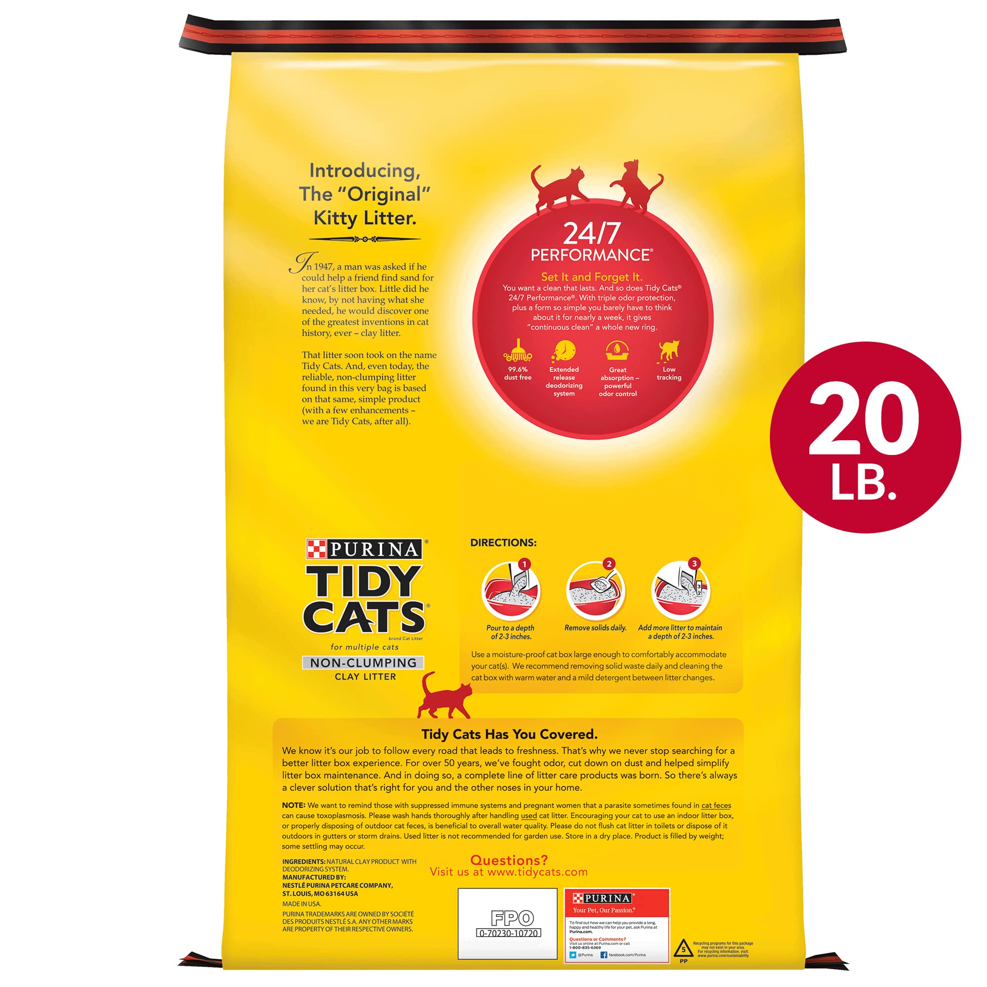 Tidy Cats Purina Non Clumping Cat Litter, 24/7 Performance Multi Cat Litter - 20 lb. Bag