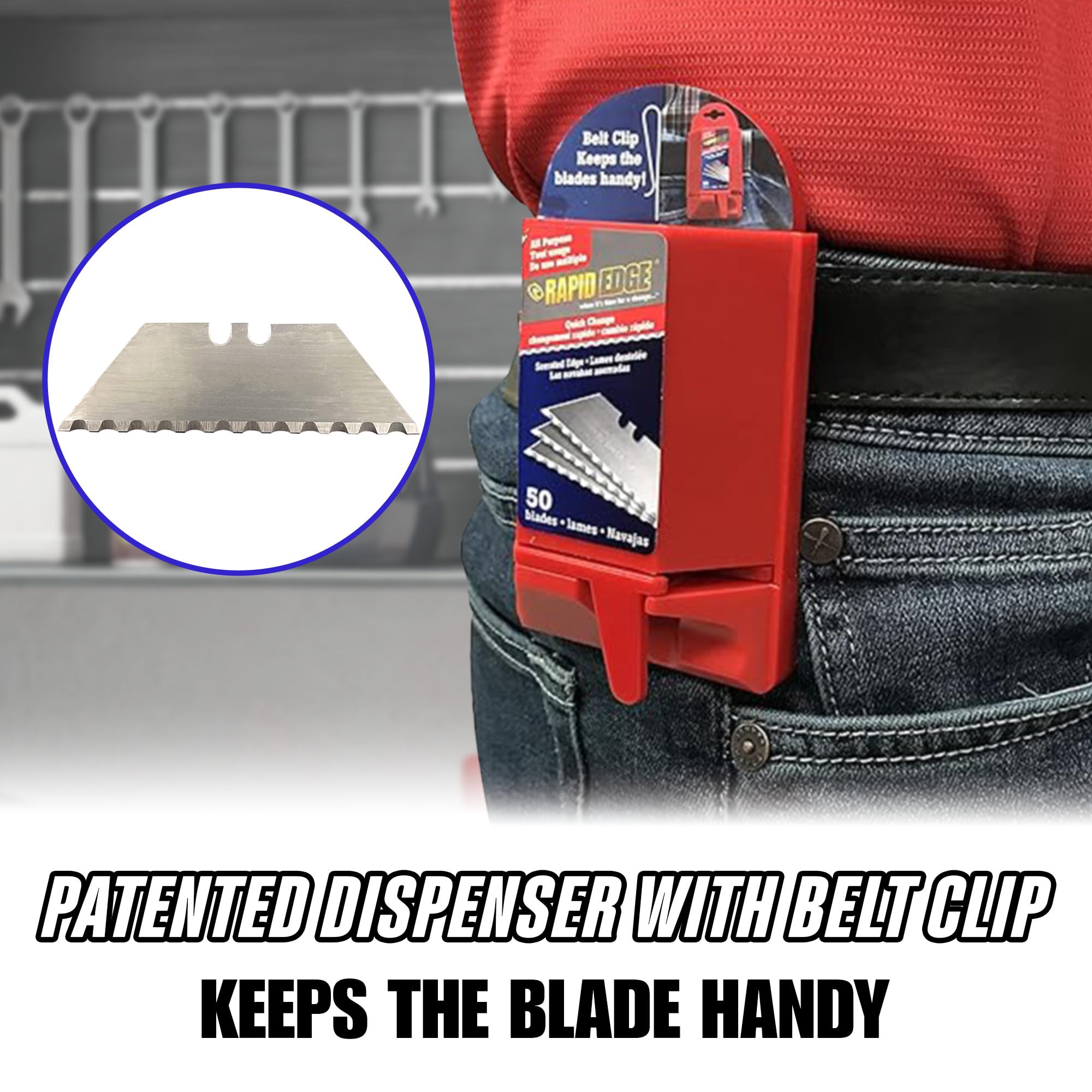 Rapid Edge 1-Pack All-Purpose Utility Knife Blades, Serrated Utility Blade For Faster and Smoother Cuts, 50 Box Cutter Blades Refills, Comes With a Patented Dispenser Featuring a Belt Clip