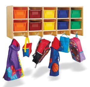 jonti-craft 10 section wall mount coat locker with colored trays