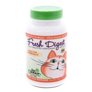 in clover fresh digest daily digestive aid and immune support supplement for cats, natural prebiotic and enzyme powder for healthy stools, hairball control, stop litterbox odor, works fast 100g/3.5oz