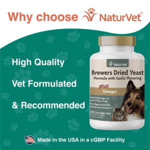 NaturVet Brewer’s Dried Yeast Pet Supplement with Garlic Flavoring – Includes B-Complex Vitamins, Omega-3, 6, & 9 Fatty Acids – Helps Support Glossy Coat, Healthy Skin for Dogs, Cats 500 Ct.