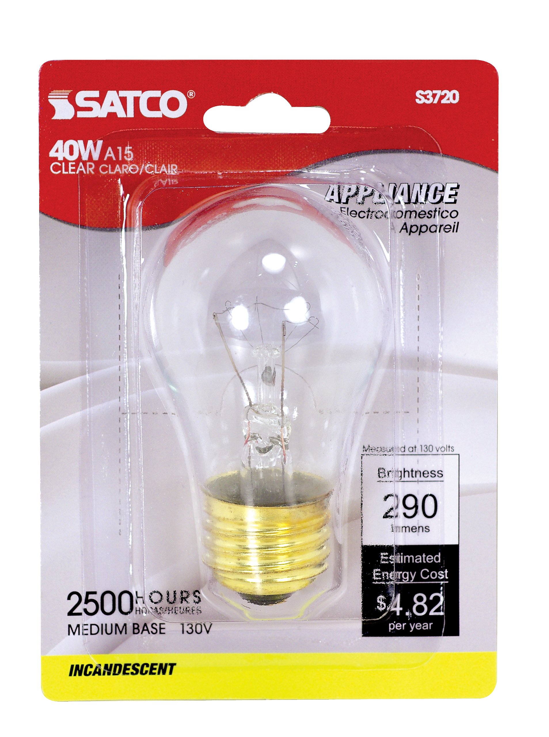 Satco S3720 130V Medium Base 40-Watt A15 Light Bulb, Clear