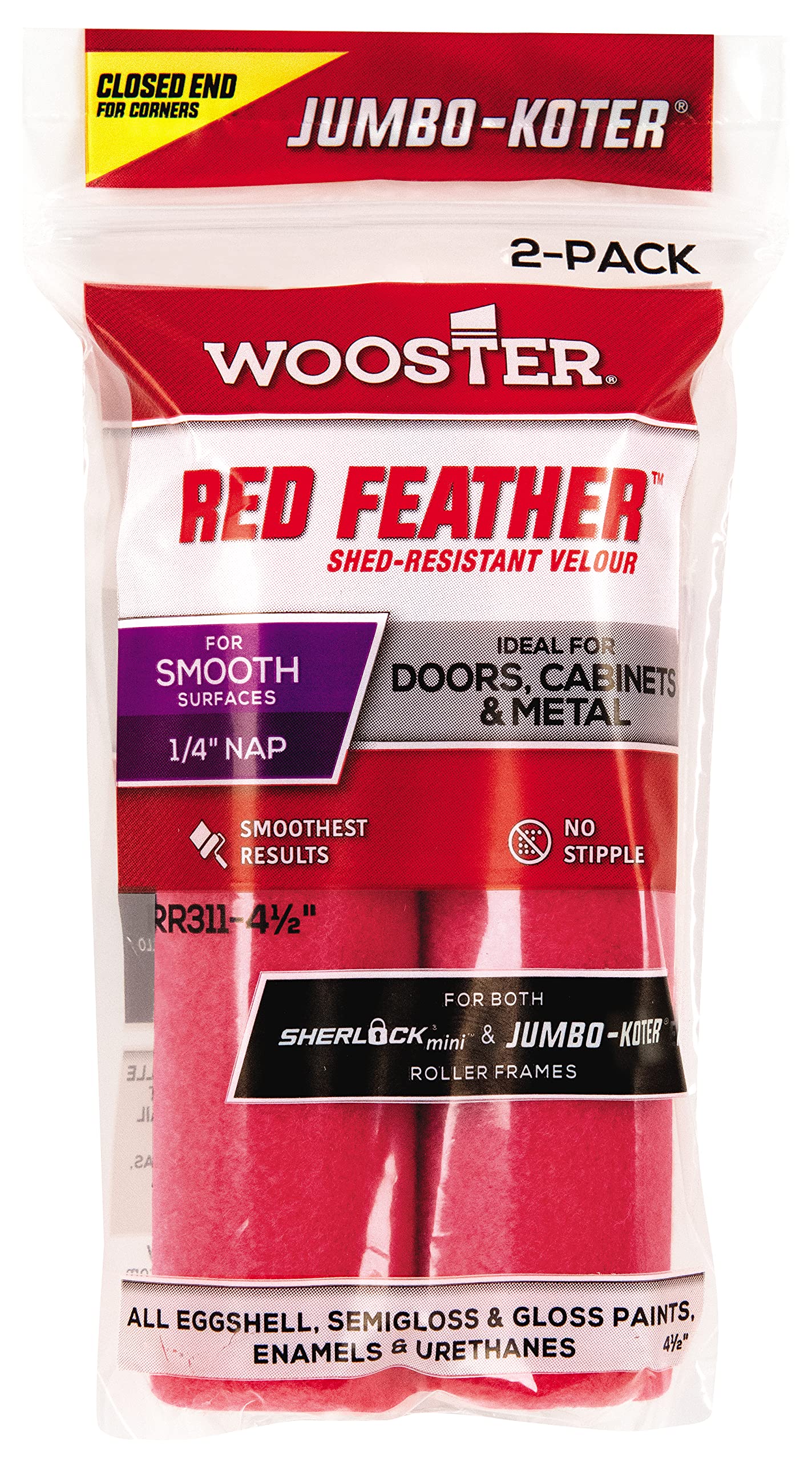 Wooster RR311-4 1/2 Jumbo-Koter Red Feather Shed Resistant Paint Roller Cover, 1/4 in Nap, 4-1/2 in L, 3/4 in, 4.5 Inch