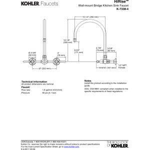 KOHLER K-7338-4-BS HiRise Stainless Wall Mount Bridge Kitchen Faucet, Brushed Stainless