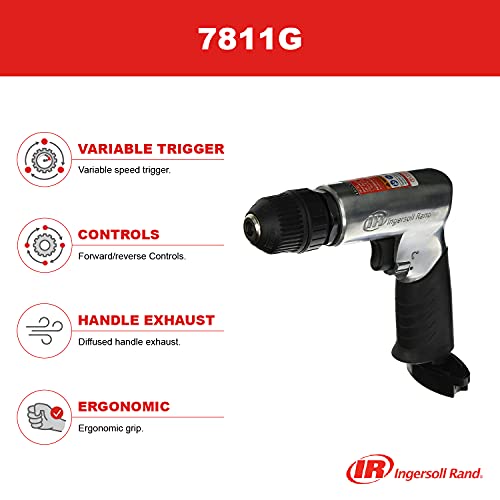 Ingersoll Rand 7811G 3/8" Keyless Chuck Air Drill, 1700 RPM, 0.5 HP, Pistol