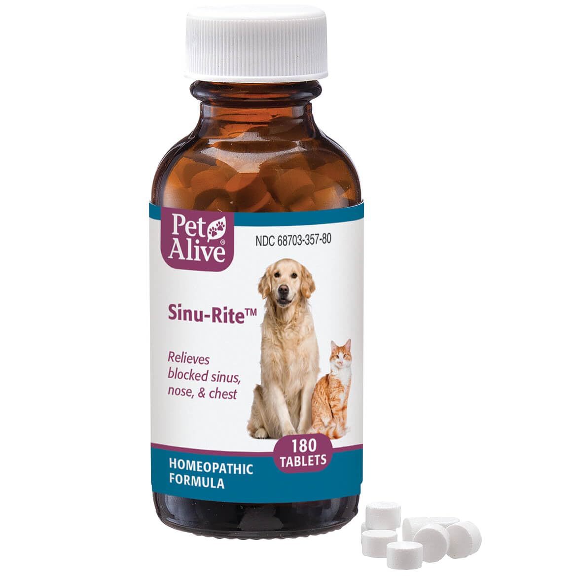 PetAlive Sinu-Rite - Natural Homeopathic Formula for Allergy-Related Congestion and Acute Sinusitis in Dogs and Cats - 180 Tablets