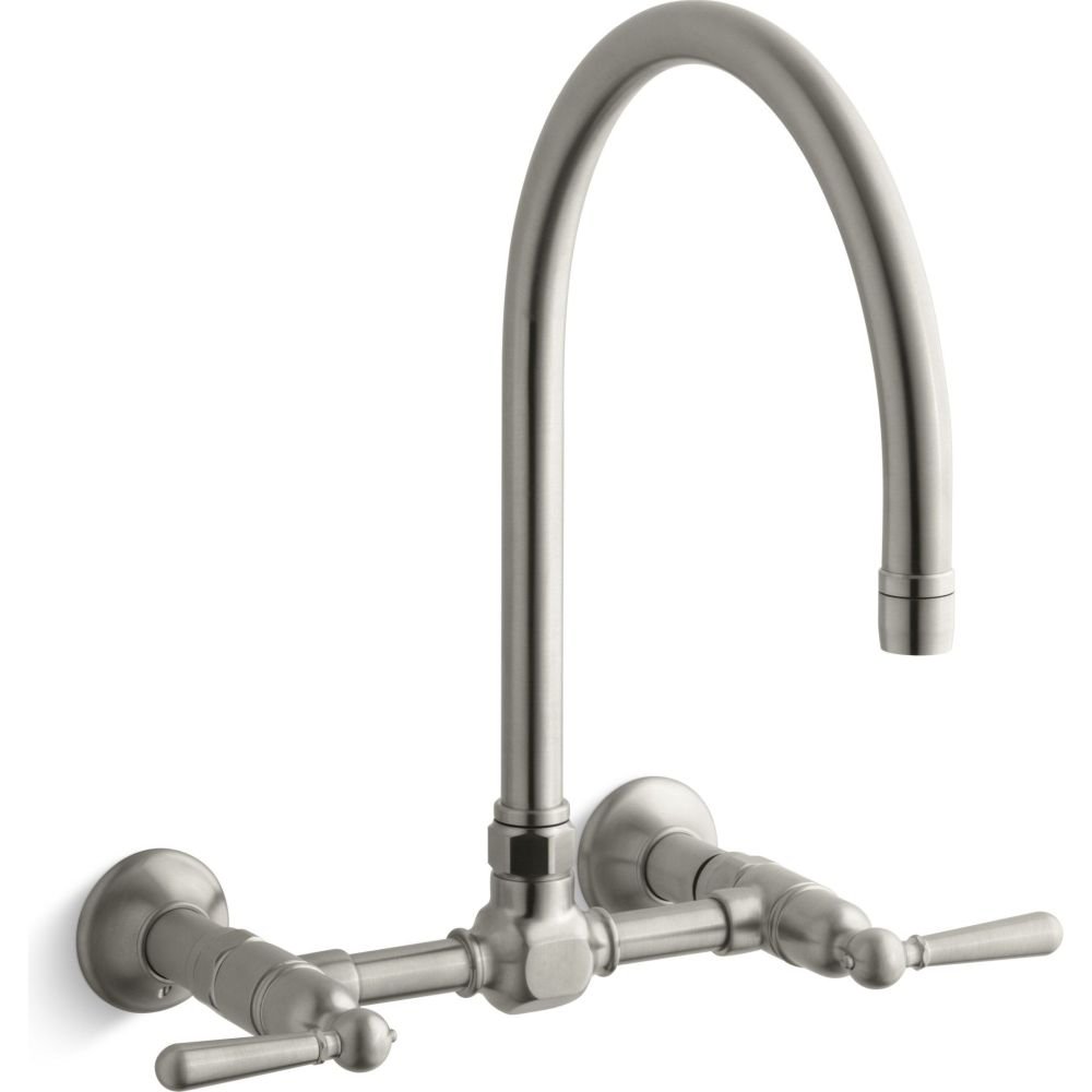 KOHLER K-7338-4-BS HiRise Stainless Wall Mount Bridge Kitchen Faucet, Brushed Stainless