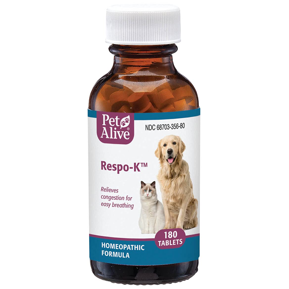 PetAlive Respo-K Tablets - Natural Homeopathic Formula for Pet Respiratory and Cold Symptoms - Reduces Sneezing, Coughing Watery Eyes, Runny Nose and Congestion in Dogs and Cats - 180 Tablets