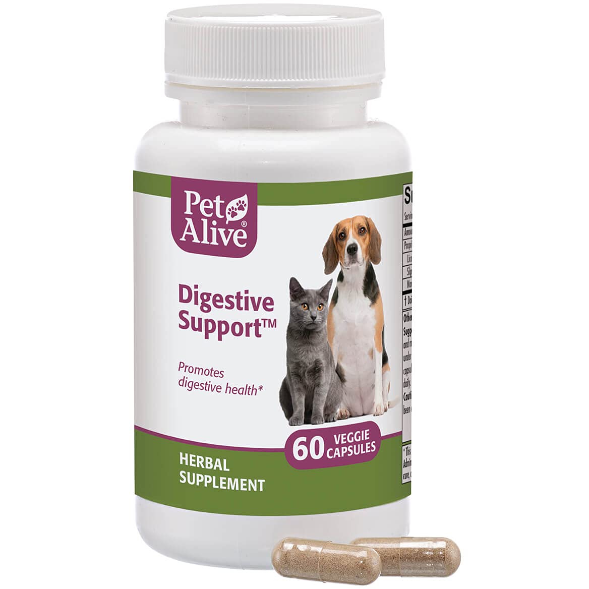 PetAlive Digestive Support - All Natural Herbal Supplement for Cat and Dog Digestive Tract Health - 60 Veggie Caps