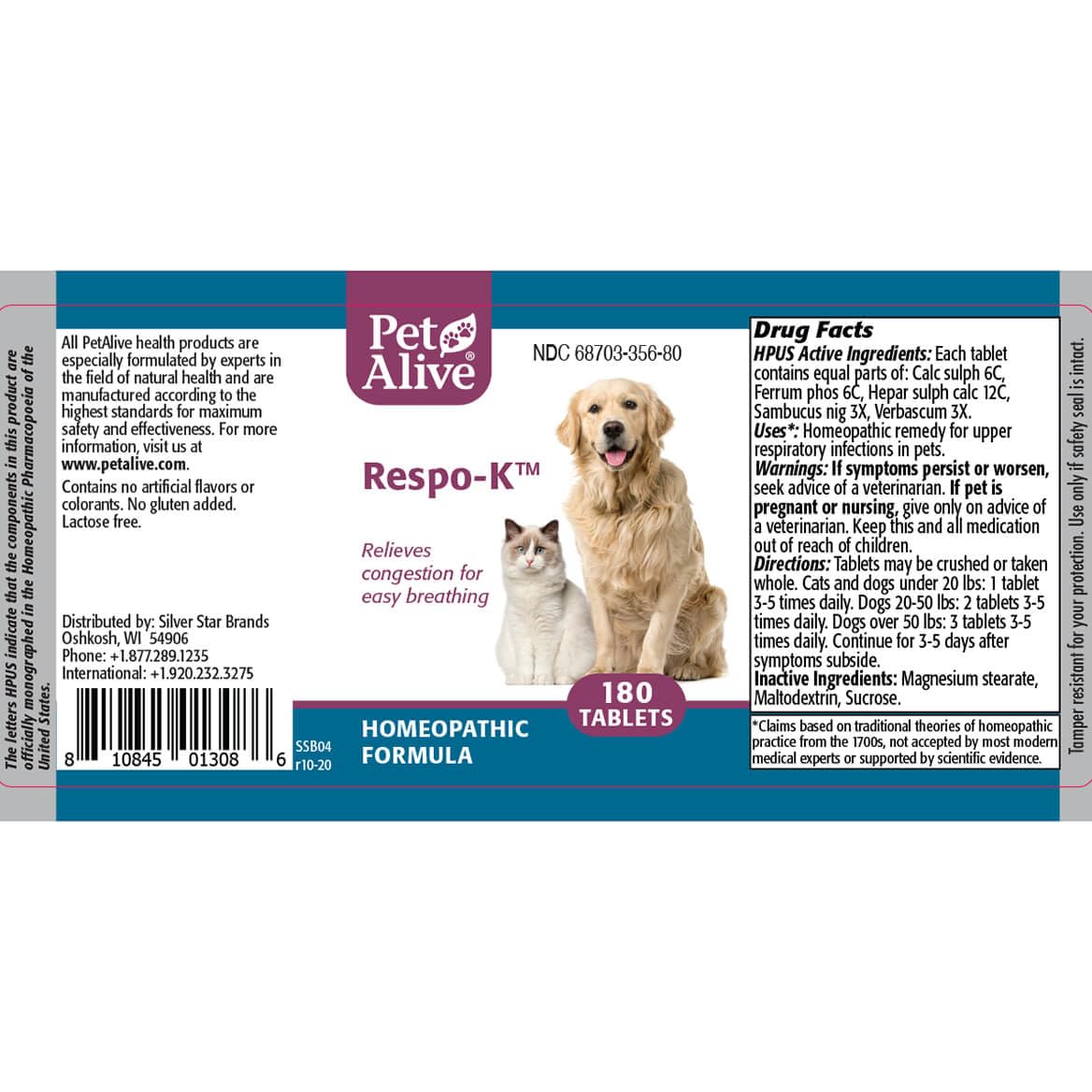 PetAlive Respo-K Tablets - Natural Homeopathic Formula for Pet Respiratory and Cold Symptoms - Reduces Sneezing, Coughing Watery Eyes, Runny Nose and Congestion in Dogs and Cats - 180 Tablets