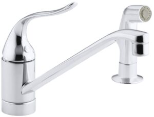 kohler coralais(r) two-hole kitchen sink faucet with 10" spout, matching finish sidespray, ground joints and lever handle, less escutcheon