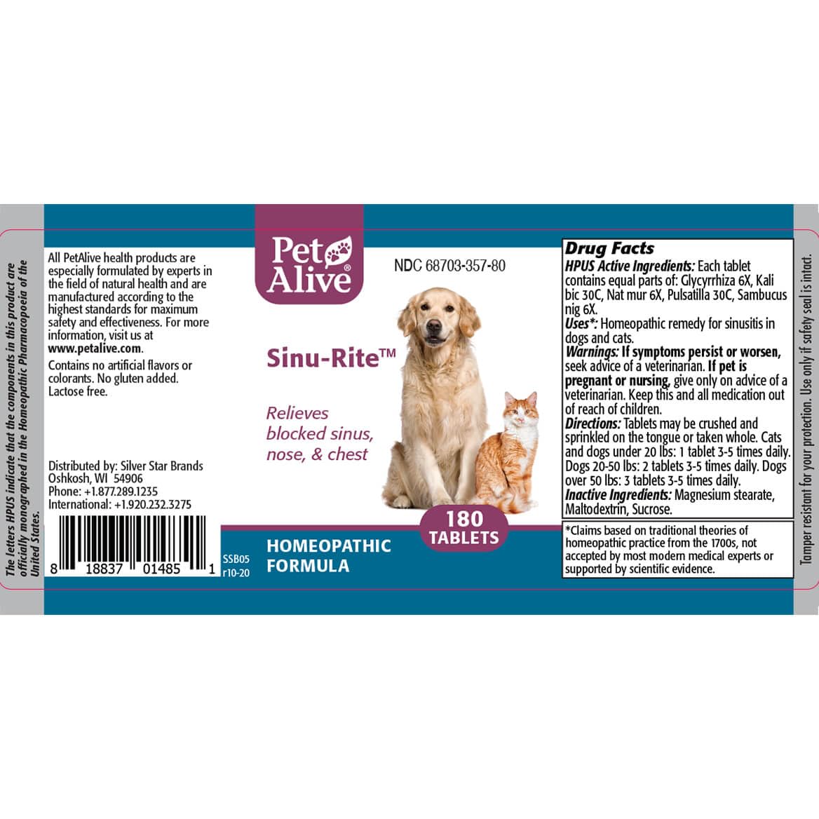 PetAlive Sinu-Rite - Natural Homeopathic Formula for Allergy-Related Congestion and Acute Sinusitis in Dogs and Cats - 180 Tablets