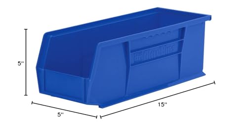 Akro-Mils 30234 AkroBins Plastic Storage Bins, Space-Saving Stackable Bins, Garage Organization Bins, Pantry Organization, Craft Storage, 15-Inch x 5-Inch x 5-Inch, Blue, 12-Pack