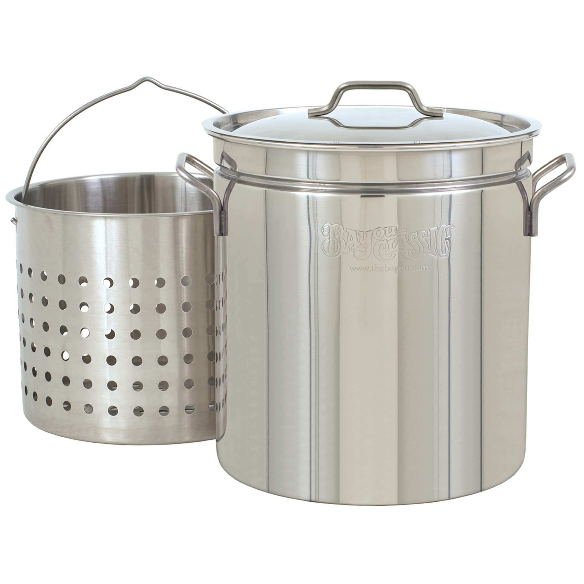 Bayou Classic 1136 36-qt Stainless Stockpot w/Vented Lid and Stainless Perforated Basket Features Stainless Welded Handles Perfect For Steaming Boiling or Frying