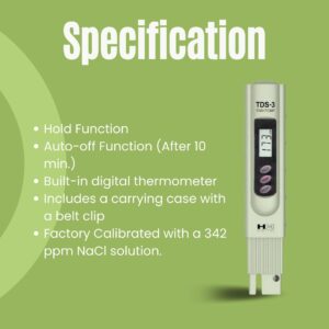 HM Digital TDS-3 Handheld TDS Meter With Carrying Case, 0 - 9990 ppm TDS Measurement Range, 1 ppm Resolution, +/- 2% Readout Accuracy