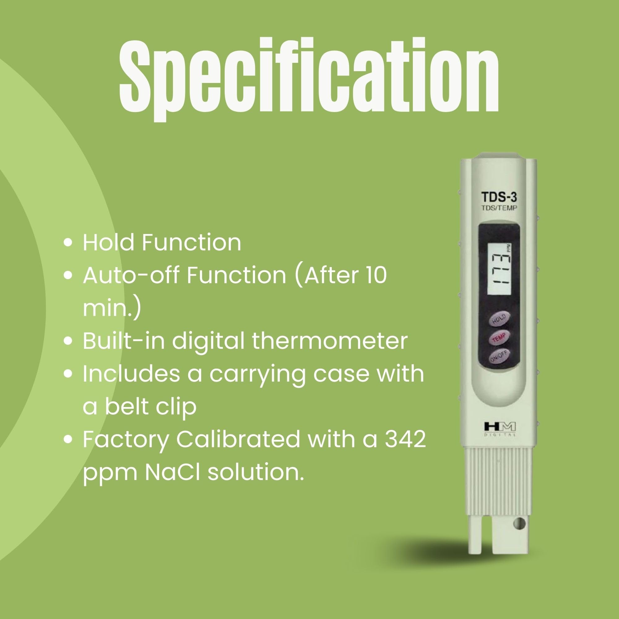 HM Digital TDS-3 Handheld TDS Meter With Carrying Case, 0 - 9990 ppm TDS Measurement Range, 1 ppm Resolution, +/- 2% Readout Accuracy