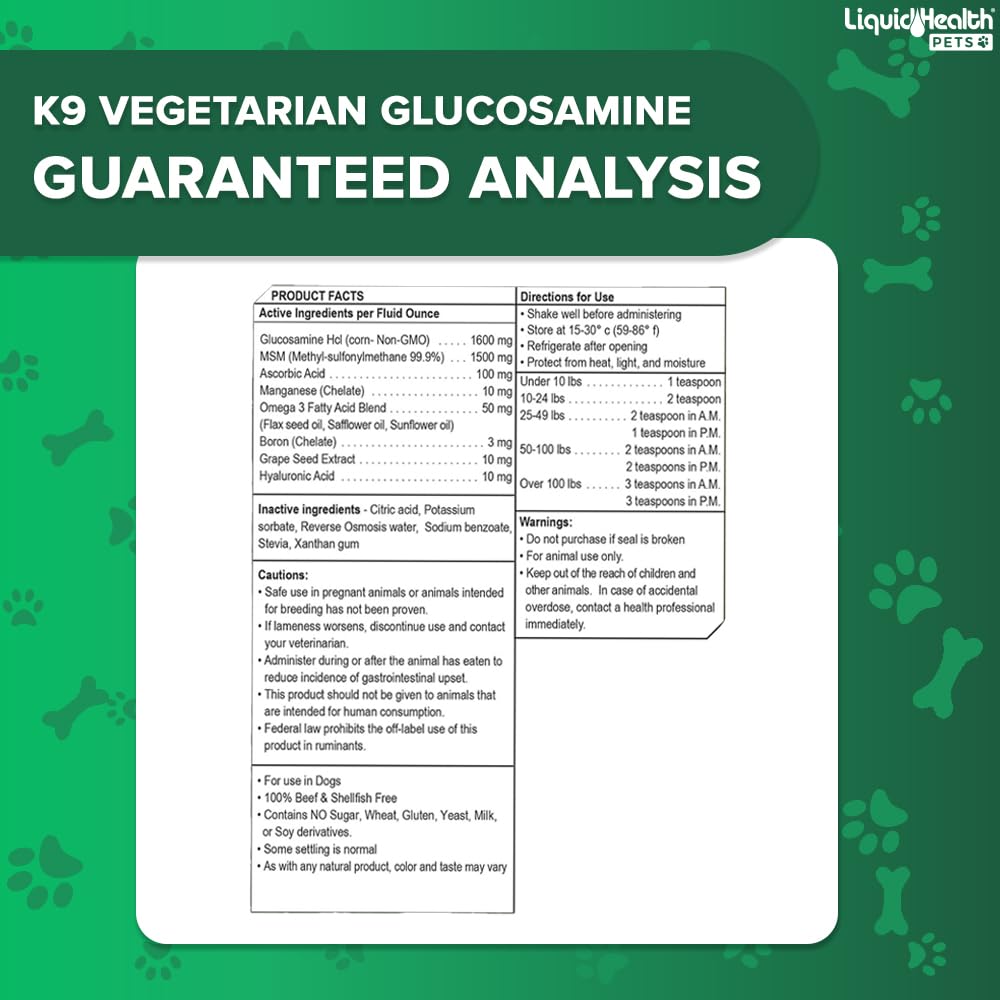 LIQUIDHEALTH 32 Oz K9 Vegetarian Liquid Glucosamine for All Dogs Canines - Chondroitin, MSM, Omega 3, Anti Oxidants Hyaluronic Acid – Joint Health, Dog Vitamins Hip Joint Juice, Joint Oil