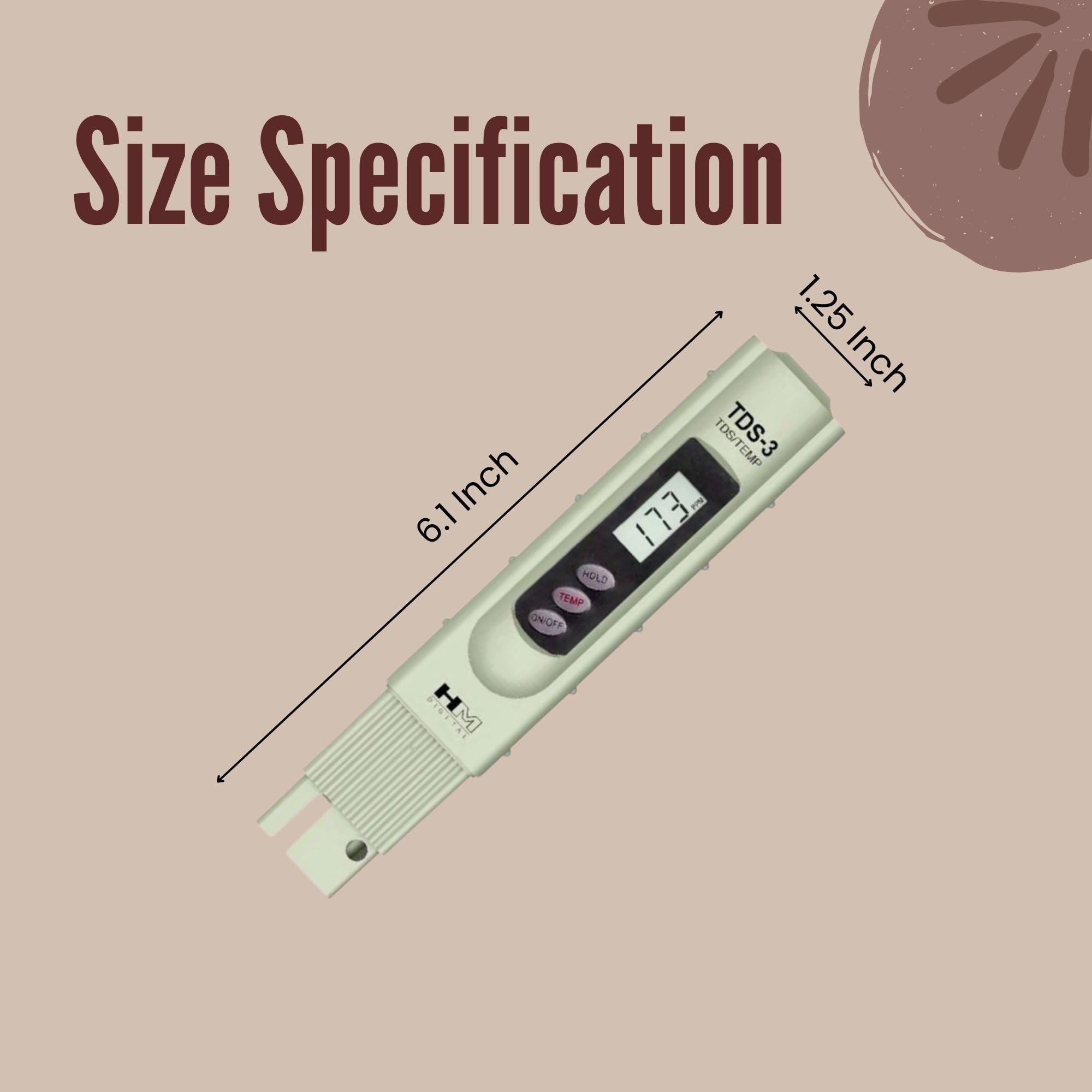 HM Digital TDS-3 Handheld TDS Meter With Carrying Case, 0 - 9990 ppm TDS Measurement Range, 1 ppm Resolution, +/- 2% Readout Accuracy