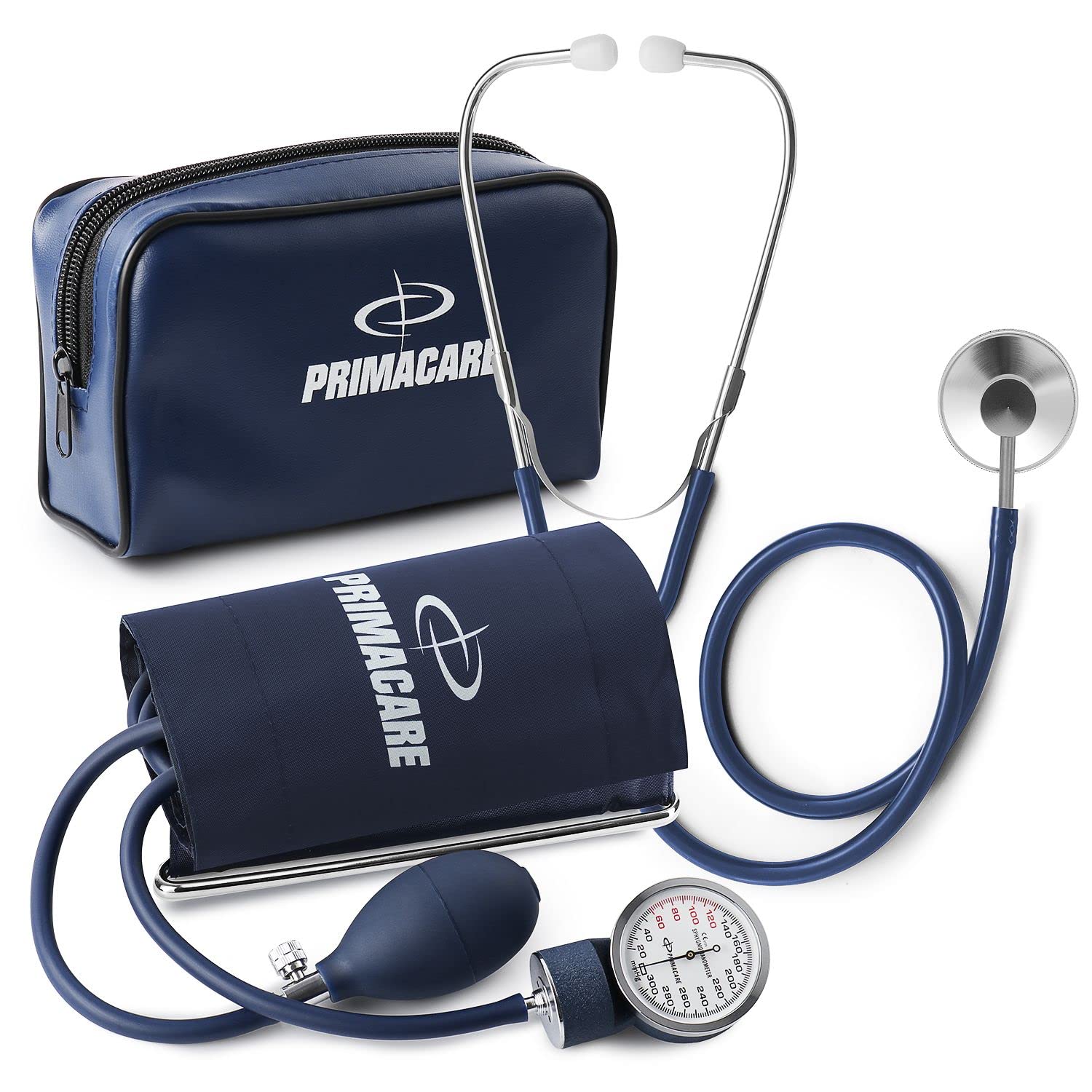 PrimaCare Medical Supplies DS-9196 Professional Classic Series Large Adult Size Manual Blood Pressure Kit, Long Lasting Latex Inflation System with D-Ring Cuff and Stethoscope, Navy, Large Adult