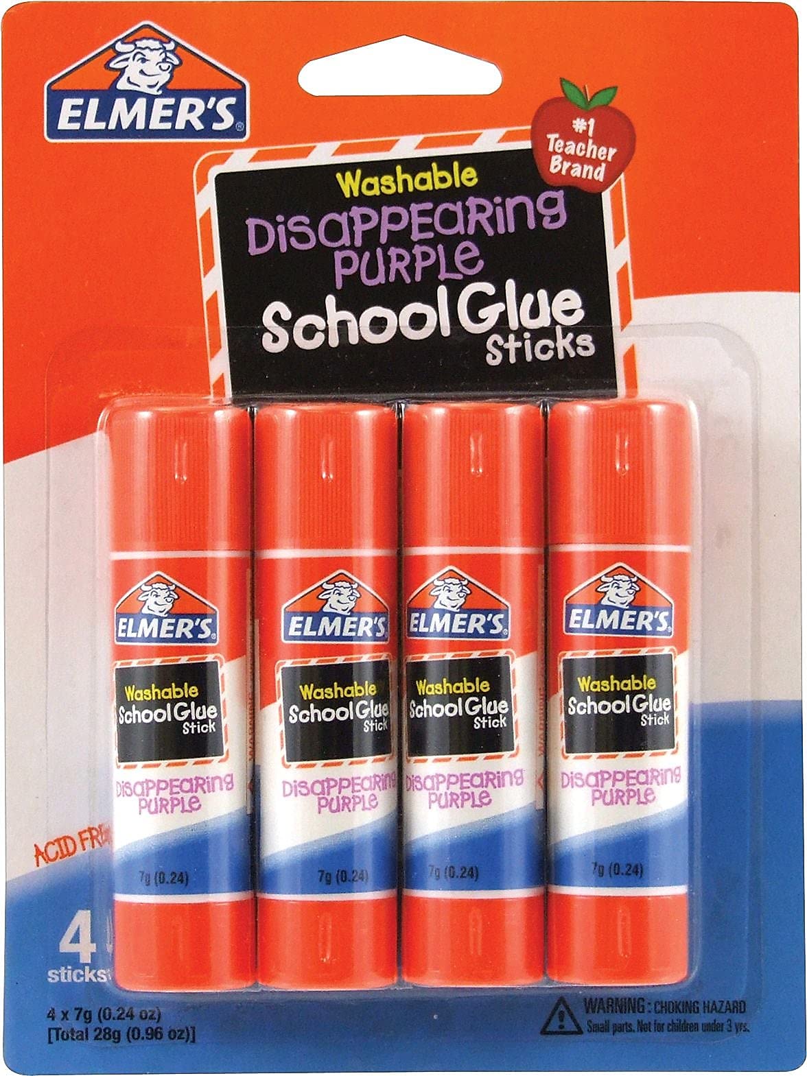 Elmer's E543 Washable School Glue Sticks, Disappearing Purple, 4/Pack