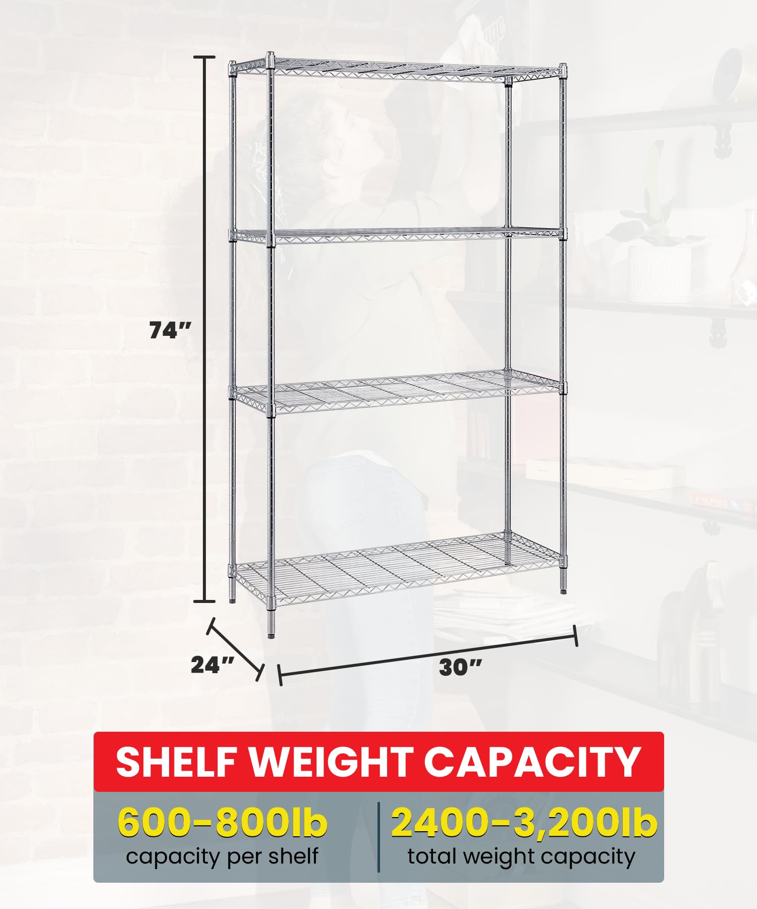 Quantum Storage Systems WR74-2430C Starter Kit for 74' High 4-Tier Wire Shelving Unit, Chrome Finish, 24' Width x 30' Length x 74' Height