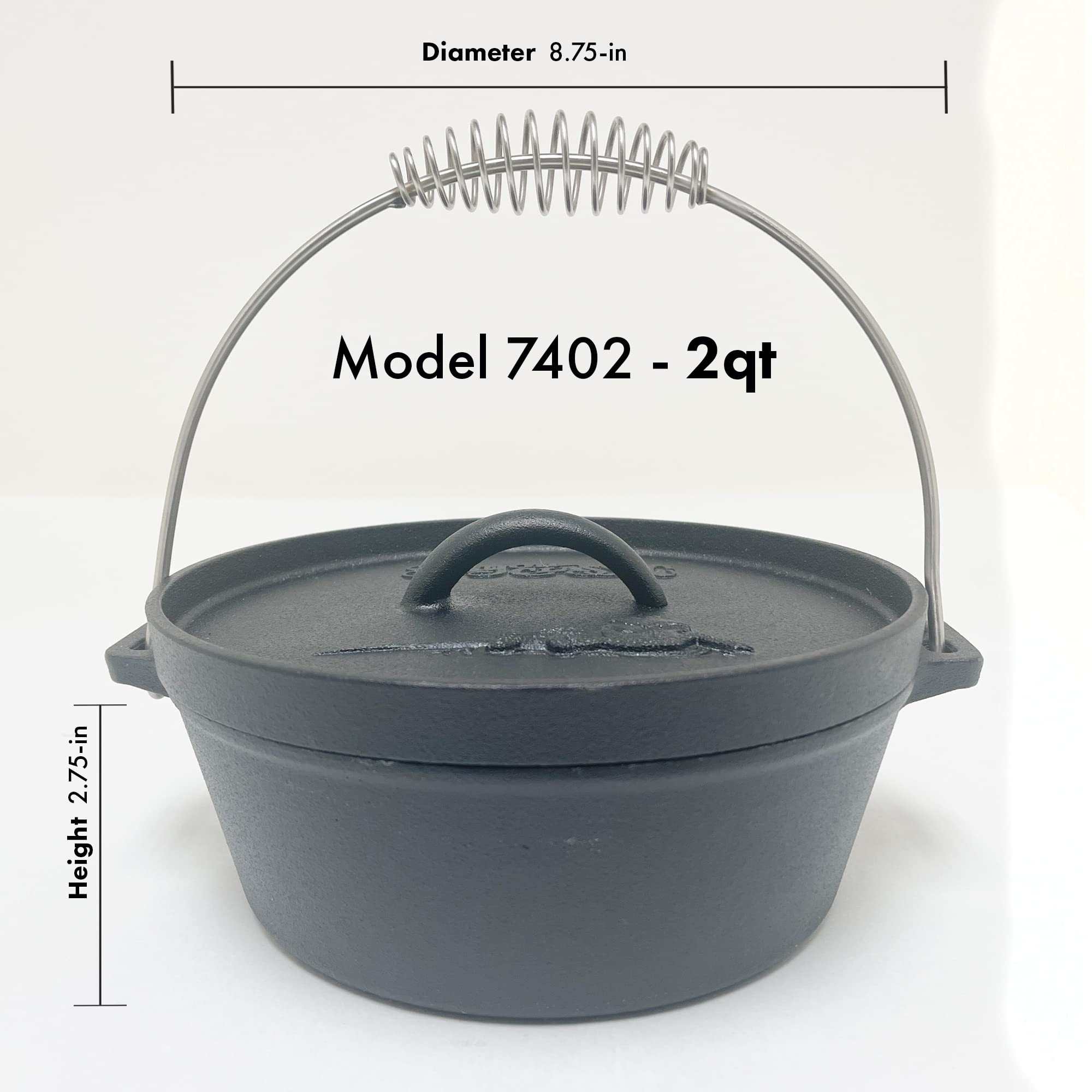 Bayou Classic 7402 2-qt Cast Iron Dutch Oven Features Flanged Camp Lid Stainless Coil Wire Handle Grip Perfect To Use Over A Campfire To Prepare One-Pot Meals Bake Cornbread Biscuits or Cobbler