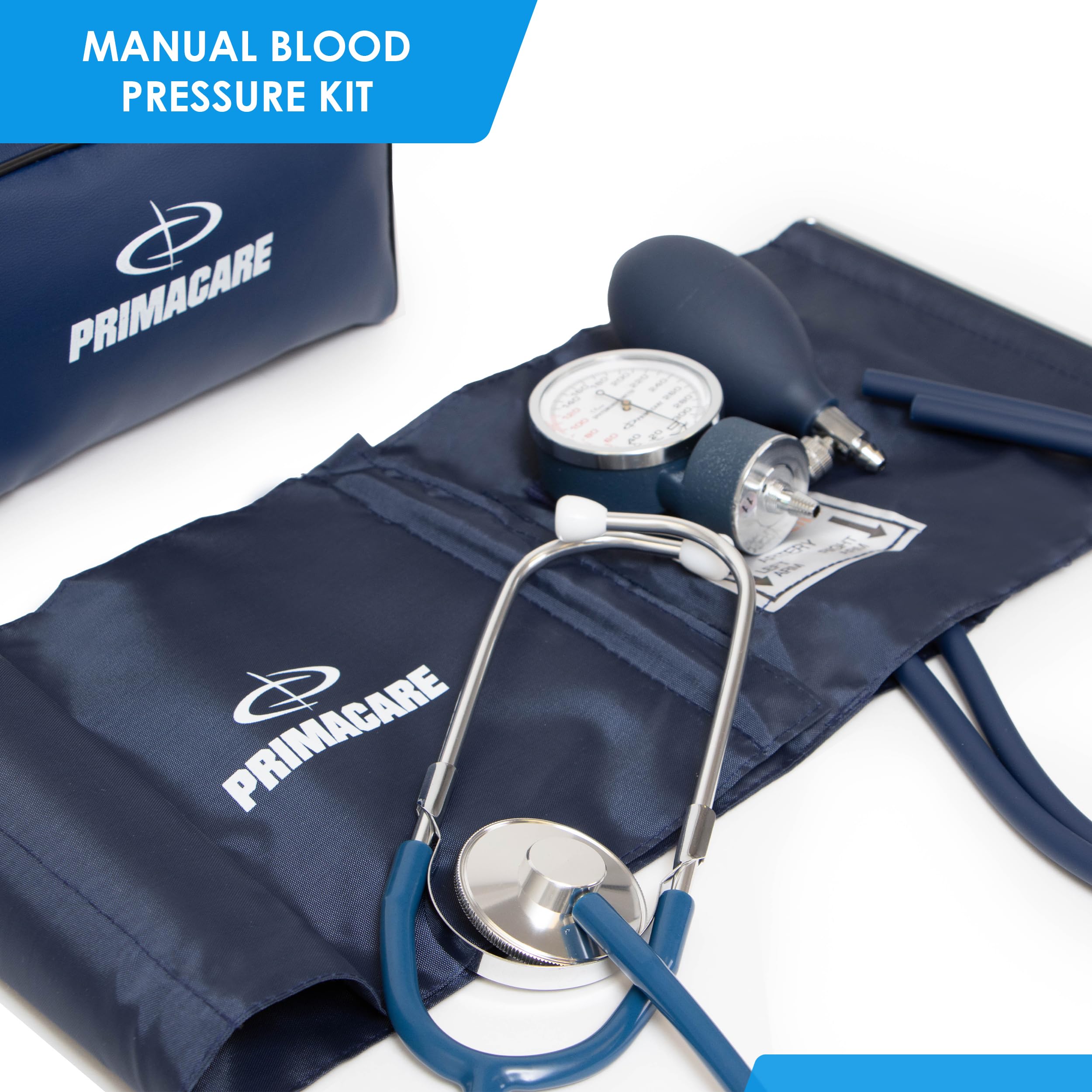 PrimaCare Medical Supplies DS-9196 Professional Classic Series Large Adult Size Manual Blood Pressure Kit, Long Lasting Latex Inflation System with D-Ring Cuff and Stethoscope, Navy, Large Adult