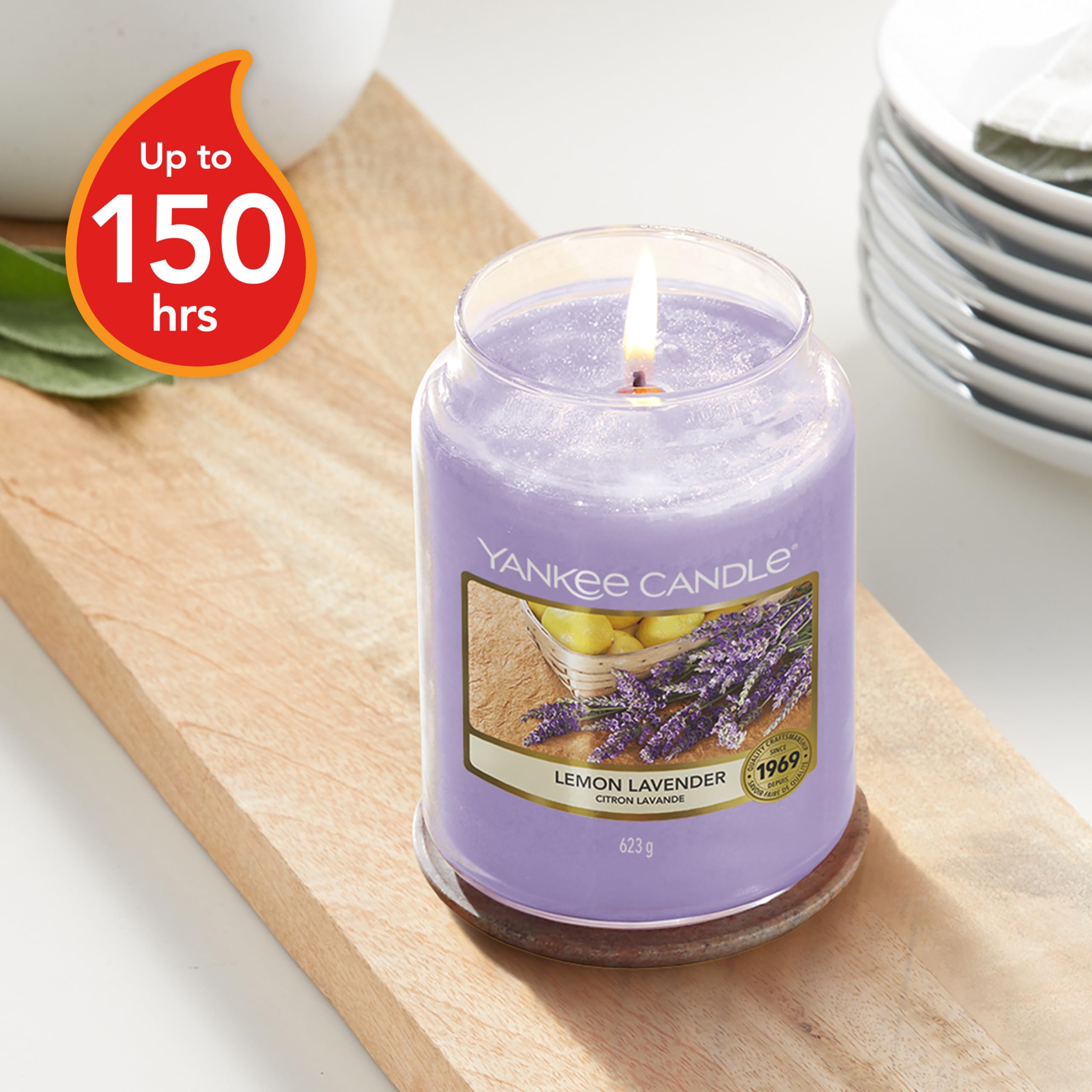 Yankee Candle Lemon Lavender Scented, Classic 22oz Large Jar Single Wick Candle, Over 110 Hours of Burn Time, Ideal for Gifting, Events, and Home Fragrance