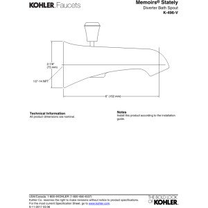 Kohler K-496-V-BN 6" Wall Mount Deco Pull-Up Diverter Bathtub SpoutNickel