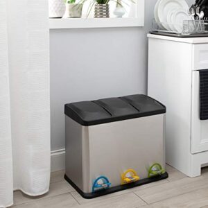 Organize It All 3 Compartment Step-On 45 Liter Recycling Trash Can, Stainless Steel