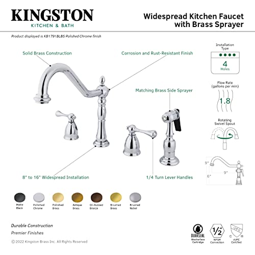 Kingston Brass KB1795BLBS Heritage 8-Inch Widespread Kitchen Faucet with Brass Sprayer, 8-1/4-Inch, Oil Rubbed Bronze