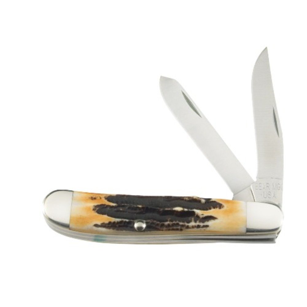 Bear & Son 507 Genuine India Stag Bone Two-Blade Mini Trapper Slip Joint Knife, 3 1/2-Inch