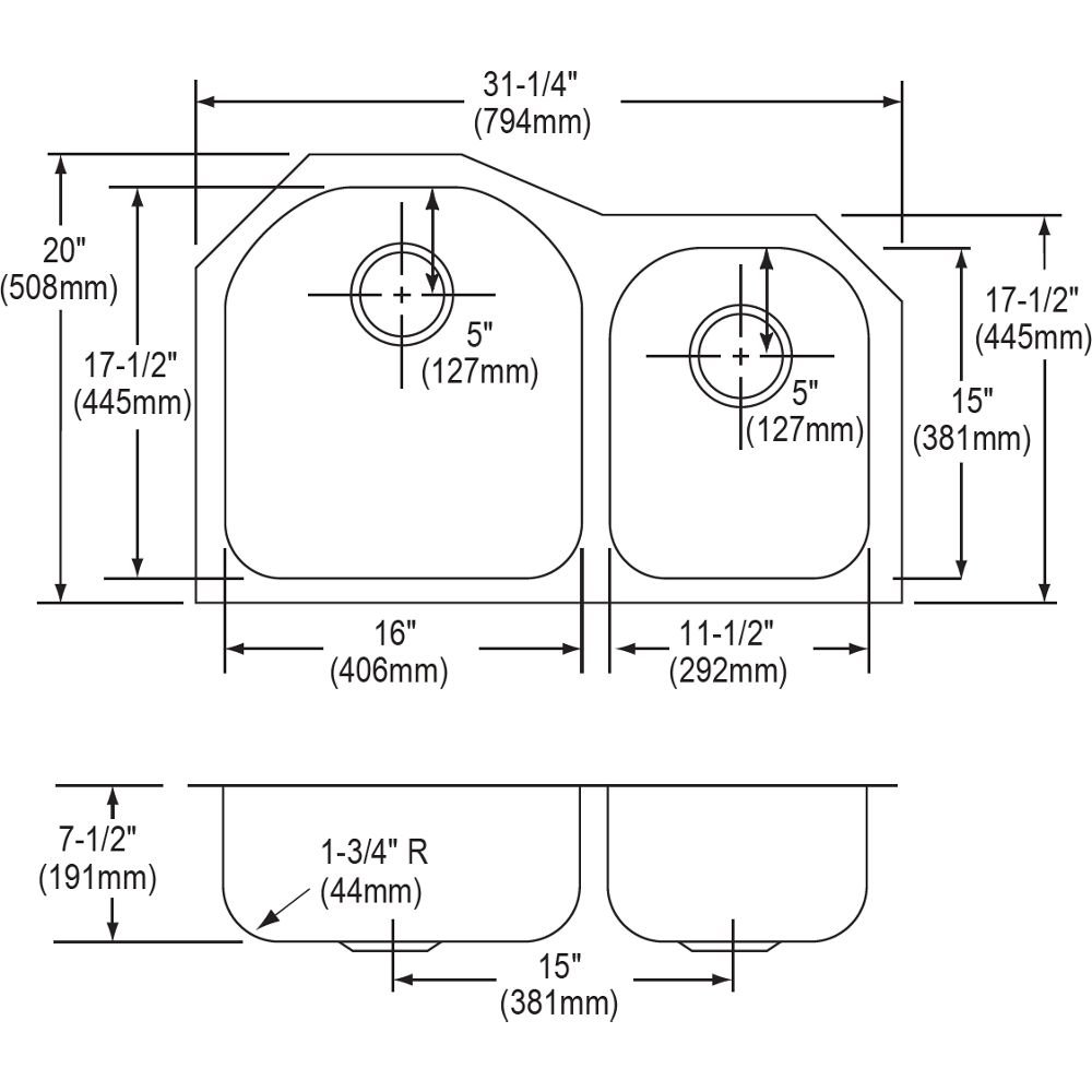 Elkay Lustertone ELUH3119R Offset 60/40 Double Bowl Undermount Stainless Steel Kitchen Sink