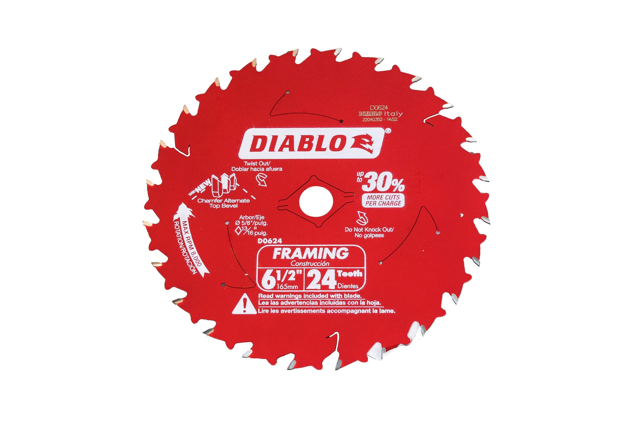 Freud D0624A 6‑1/2 in. x 24‑Tooth Tracking Point Wood Framing Saw Blade, Carbide