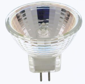 satco s4628 miniature 2 pin base halogen light bulb, 5 watts, 6 volts, 20 lumens, mr11 shape, gz4 ansi base, c-6 filament, 2900 cct (kelvin), 30 beam spread, 2000 average rated hours, clear finish