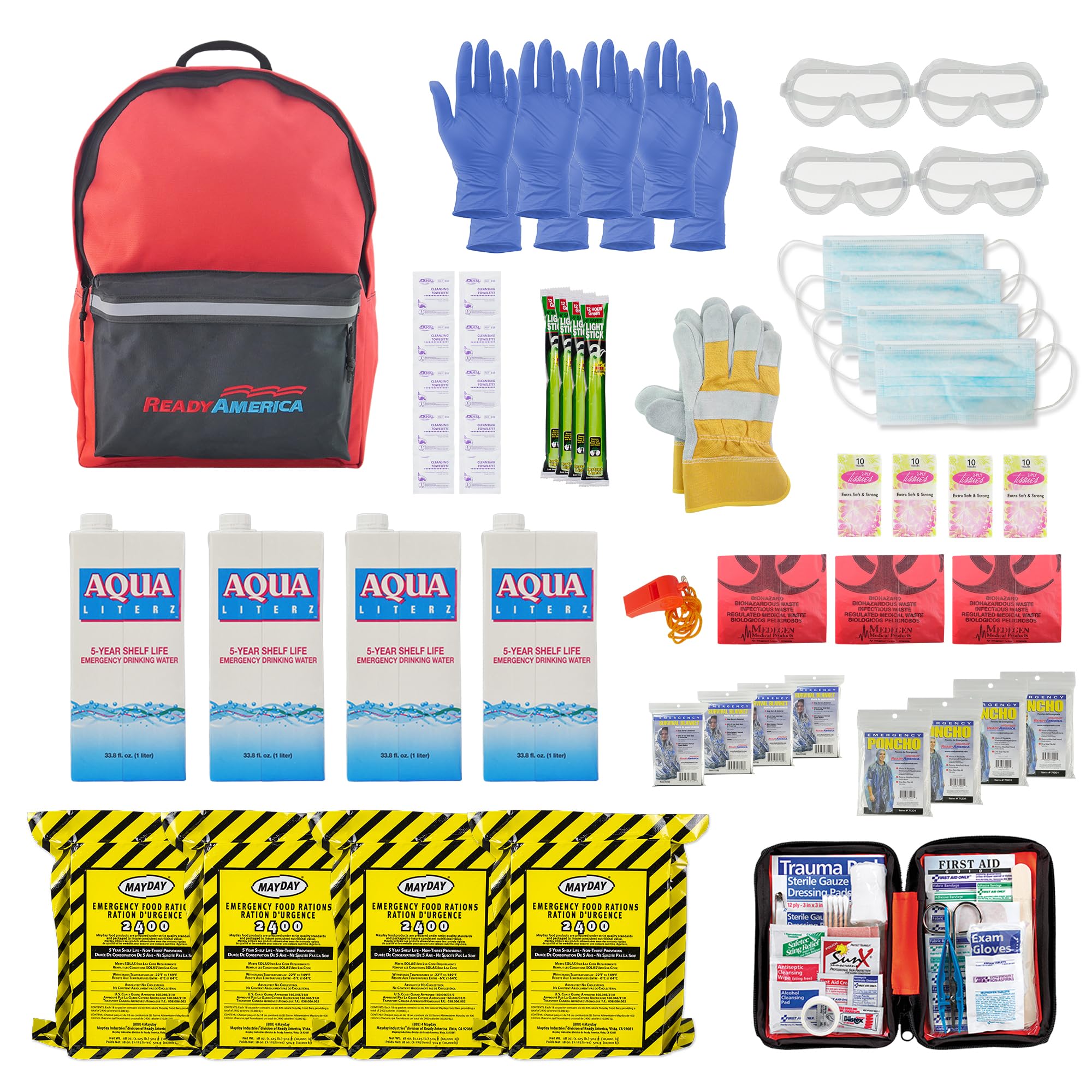 Ready America 70380 72 Hour Emergency Kit, 4-Person, 3-Day Backpack, Includes First Aid Kit, Survival Blanket, Emergency Food Portable Disaster Preparedness Go-Bag for Earthquake, Fire, Flood