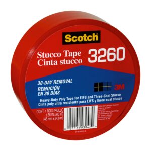 Scotch Stucco Tape, 1.88 in x 60yd, 30 Day Clean Removal, Heavy-Duty Outdoor Stucco Tape, UV & Moisture Resistant, Water Resistant Poly Backing, 1 Roll, Red (3260-A)